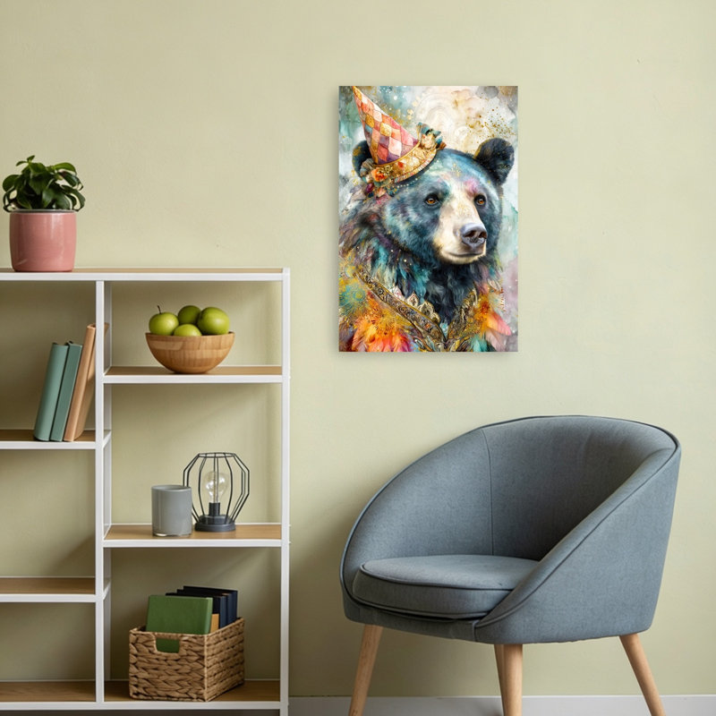 «Whimsical Party Bear», art mural coloré, ours vibrant, nature, portrait, 24" H x 16" W