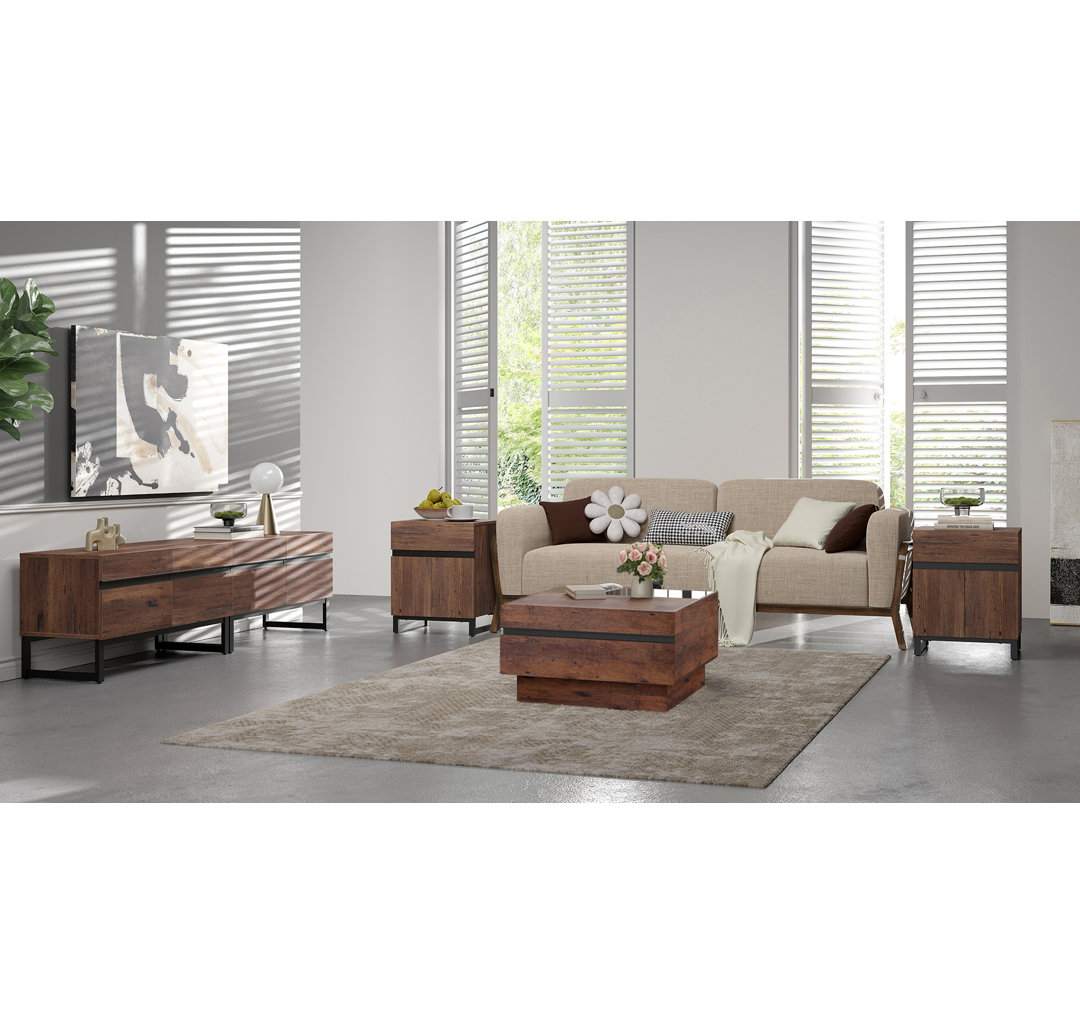 Aadam Living Room Table Sets Of 4, 70 Inch TV Stand, 1 Square Coffee Table With Tempered Glass Top, 2 End Table With Drawers For Living Room, Entertainment Center, Console Table (Set of 4) Latitude Run®