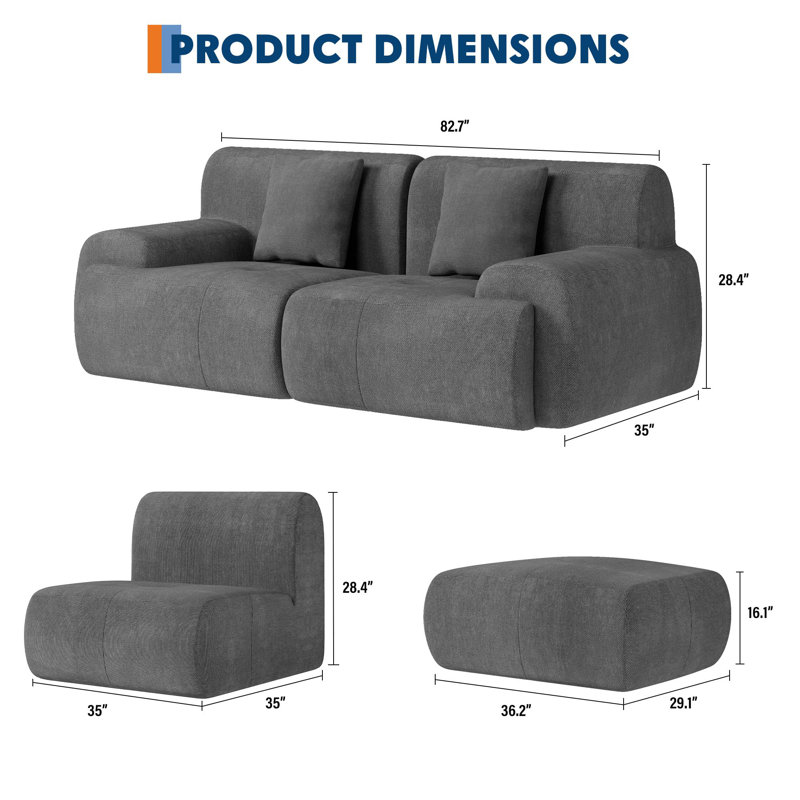 Canapé modulaire Cloud-Like, canapé en velours côtelé sans assemblage avec configurations flexibles, 6 places, Gris