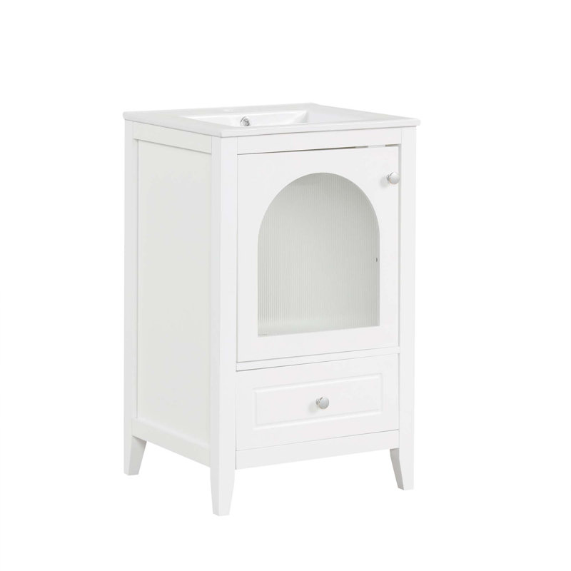 Meuble-lavabo de 20 po avec lavabo, armoire de salle de bain avec porte en verre à fermeture douce, tiroir, Blanc