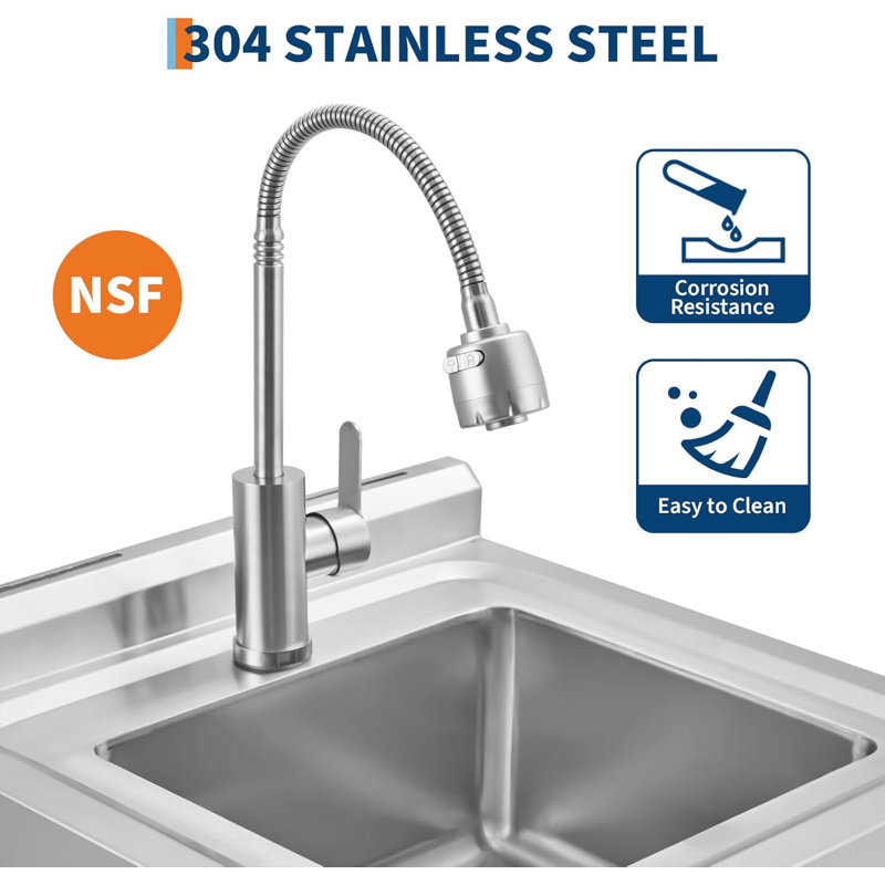 Stainless Steel Utility Sink, Free Standing Single Bowl Kitchen Sink, Adjustable Leg Height, with Faucet, Hot and Cold Water Pipes, Commercial Laundry Tub, Hook for Indoor Outdoor Farmhouse Use