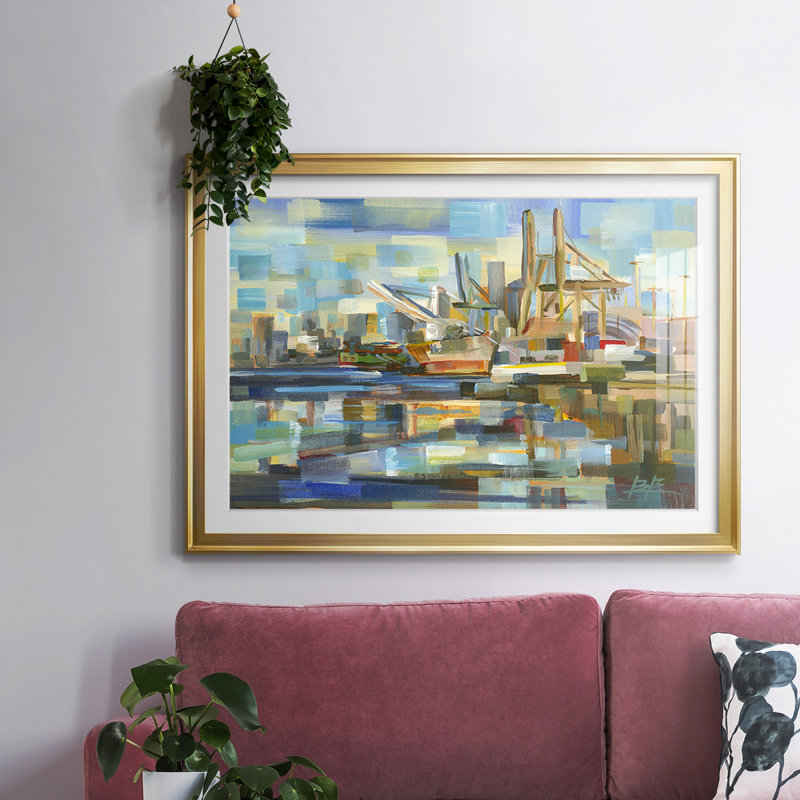 Port of Seattle - Impression encadrée avec verre biseauté, Or, H 30 po x l 44 po x P 1,5 po