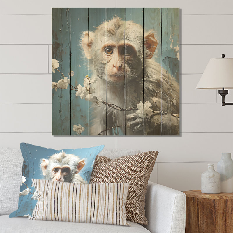 Singe polaire blanc - voyage II - animal singe sur bois, H 15 po x l 15 po