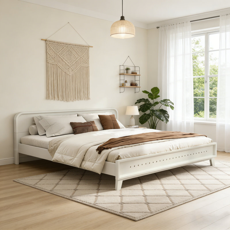 Très grand lit plateforme en bois massif avec support à lattes, aucun sommier nécessaire pour la chambre à coucher, Blanc