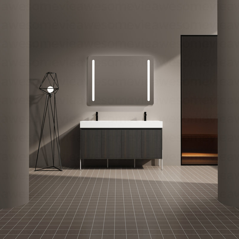 Meuble-lavabo autoportant 60 po avec double lavabo en résine, armoire de rangement avec portes à fermeture douce (ensemble KD)