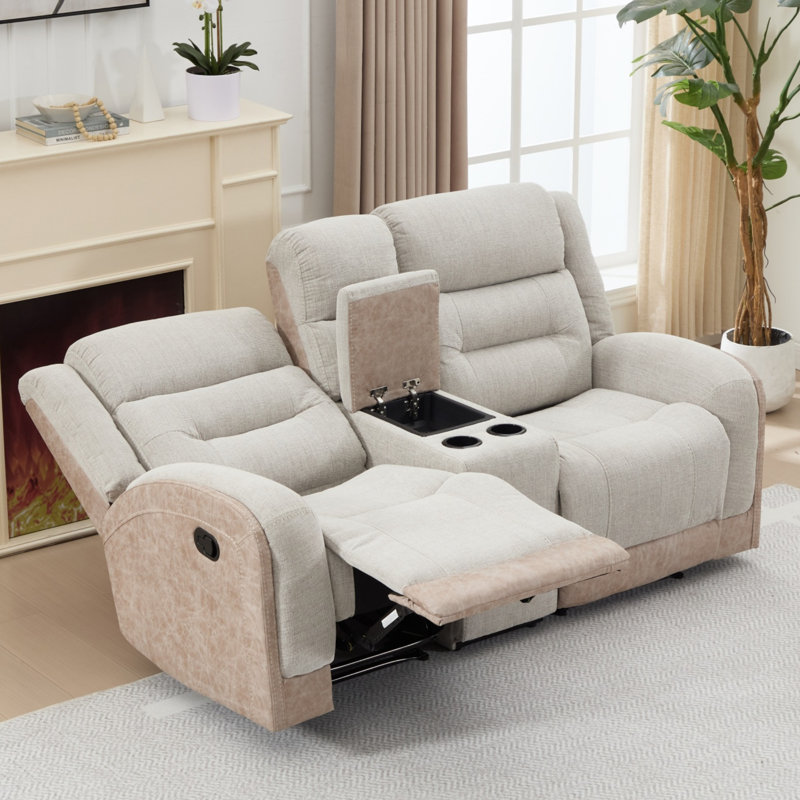 82.3" Wide Modern Elegant Leather Match Fabric Manual Reclining Loveseat Sofa with Central Console