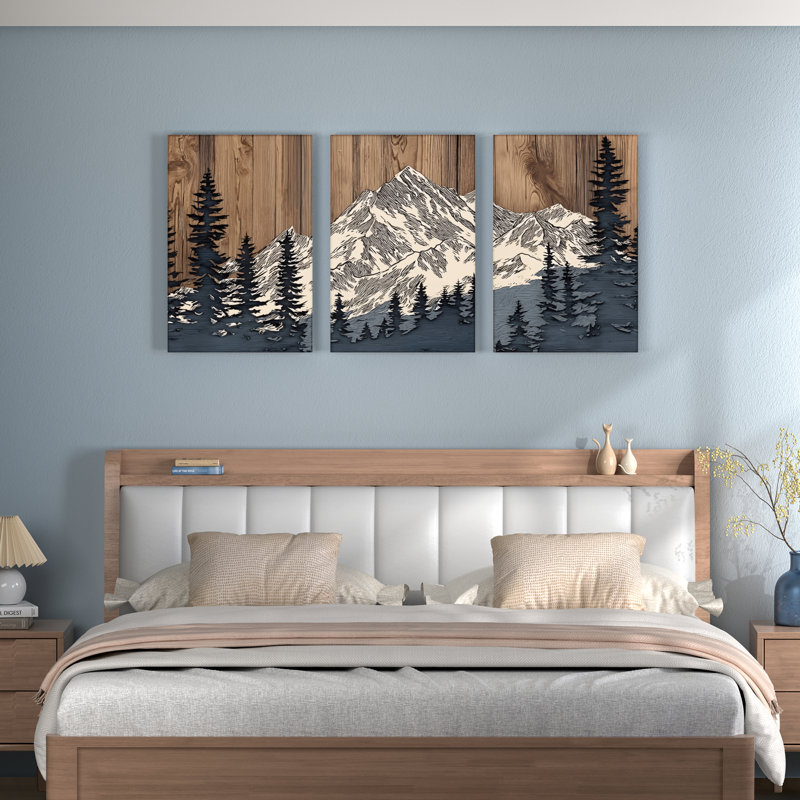 Mountain Landscape with Pine Trees Canvas Wrapped Wall Art, Rustic Wood Grain Print (Set of 3), 36" H x 72" W