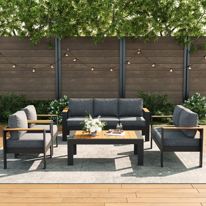 Outdoor Aluminum Furniture Set with Coffee Table, Modern Patio Conversation Sets for Porch, Backyard, Dark Gray