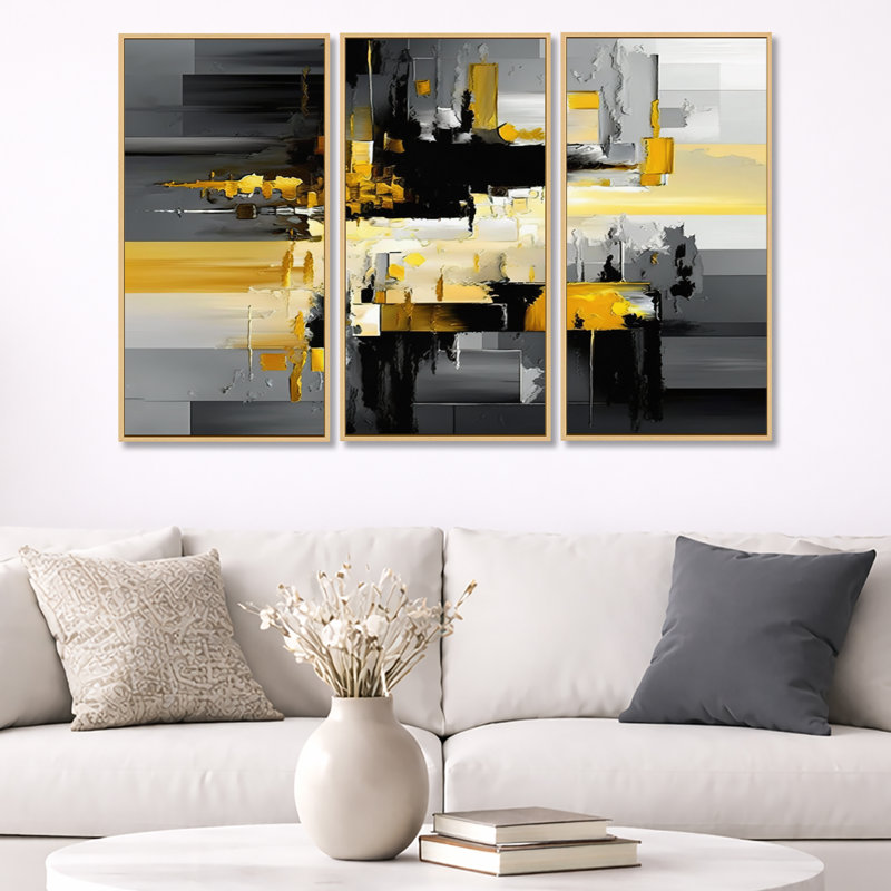 Abstrait géométrique noir et jaune en V - impression de 3 pièces, L 36 po x H 28 po, Encadrement brun