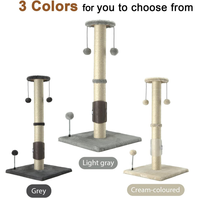 32" Tall Light Gray Sisal Cat Scratching Post with Hanging Ball and Brush