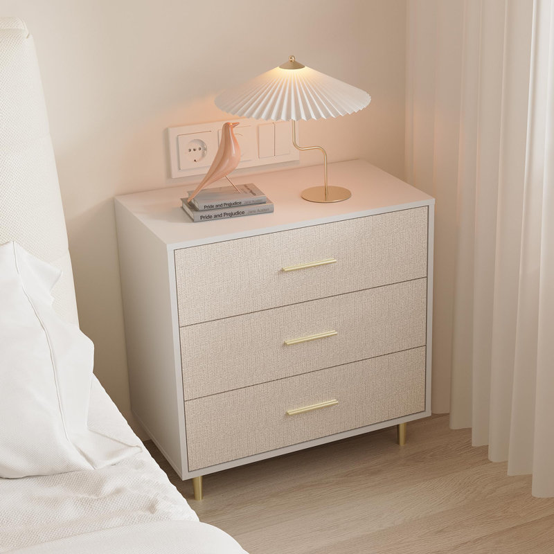 Modern White Nightstand for Bedroom, Small Bedside Table Night Stand with 3 Drawers, Gold Metal Legs