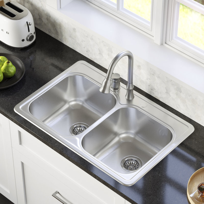 Karran 18-Gauge Stainless Steel 33'' X 22'' 50/50 Double Bowl Drop-in Kitchen Sink Kit