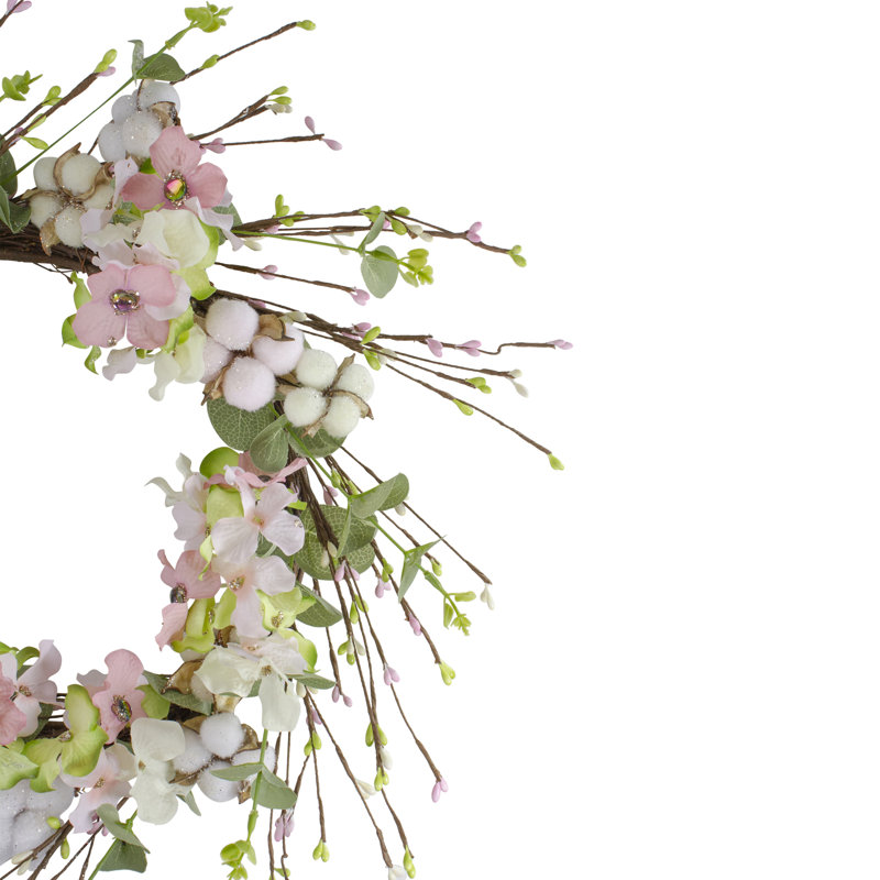 Hortensias roses et verts de 18 pouces avec couronne florale artificielle en coton