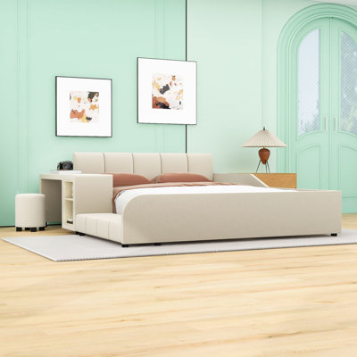 Lit plateforme tapissier en velours avec barrière de sécurité et bureau intégré