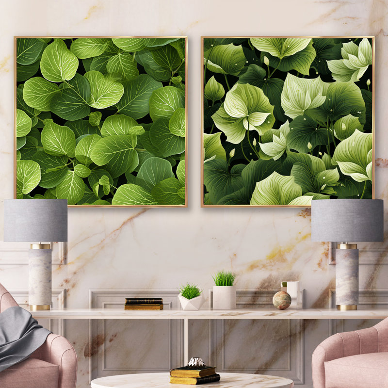 Yoshiko - Ensemble de 2 collages floraux carrés, Cadre flottant doré, H 30 po x l 61 po