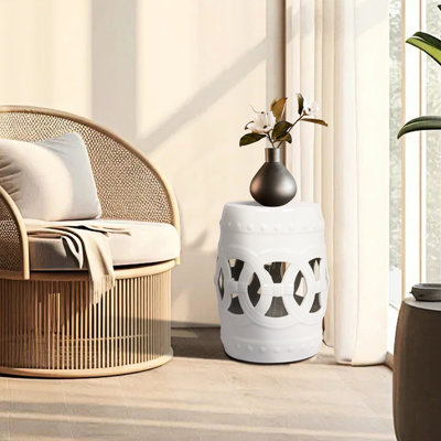 Tabouret tambour en céramique 10,5 po x 17 po, vernis blanc, utilisation polyvalente à l'intérieur et à l'extérieur, table vitrée Classy Garden, blanc, intérieur / extérieur décoloré