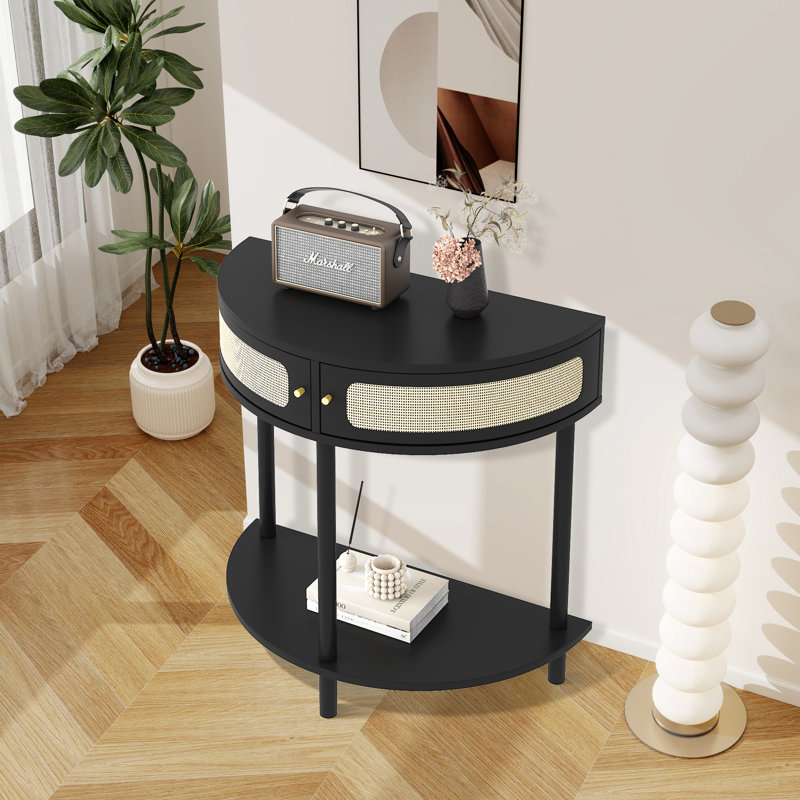 Table de bout demi-lune avec rotin