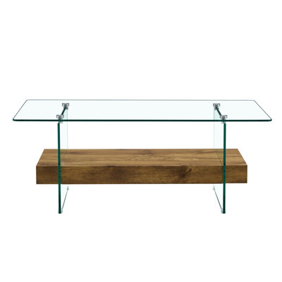 Table basse moderne à deux niveaux de 43,3 pouces avec verre transparent et autocollant texturé en bois clair, parfaite pour les espaces de vie élégants et fonctionnels.
