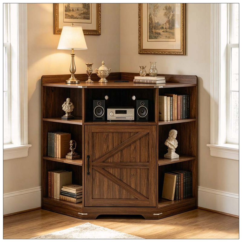 Armoire de coin, tablette de coin avec ports USB et prises de courant, Walnut