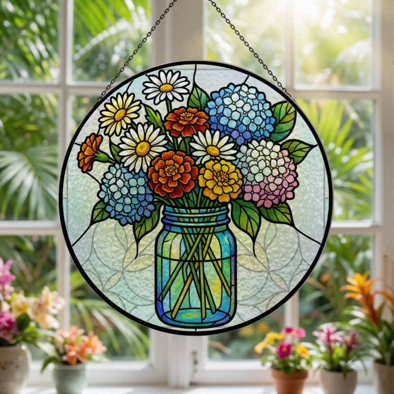 Panneau de vitrail d'arrangement floral 12 po H