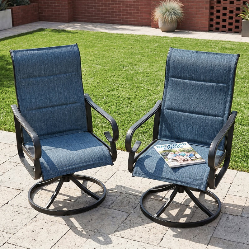 Chaises de salle à manger rembourrées avec base pivotante et dossier haut 2 pièces Textilene, Noir / Bleu