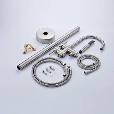 Classic Floor Mount Bathtub Faucet With Handheld Shower, Ceramic Filler, Nickel High Stability Base