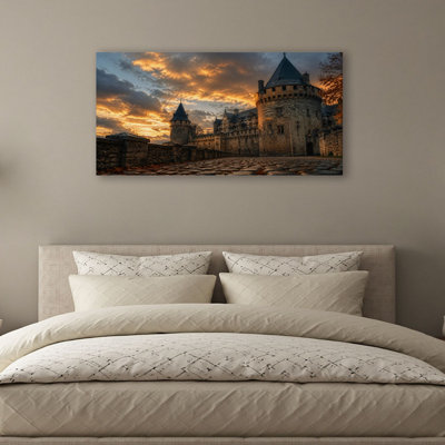 Canvas Wall Art Medieval Stone Castle Towers Sunset Dramatic Sky Wall Decor for Living Room Bathroom Bedroom Office 20"H x 40"W Art Paintings, Ready to Hang