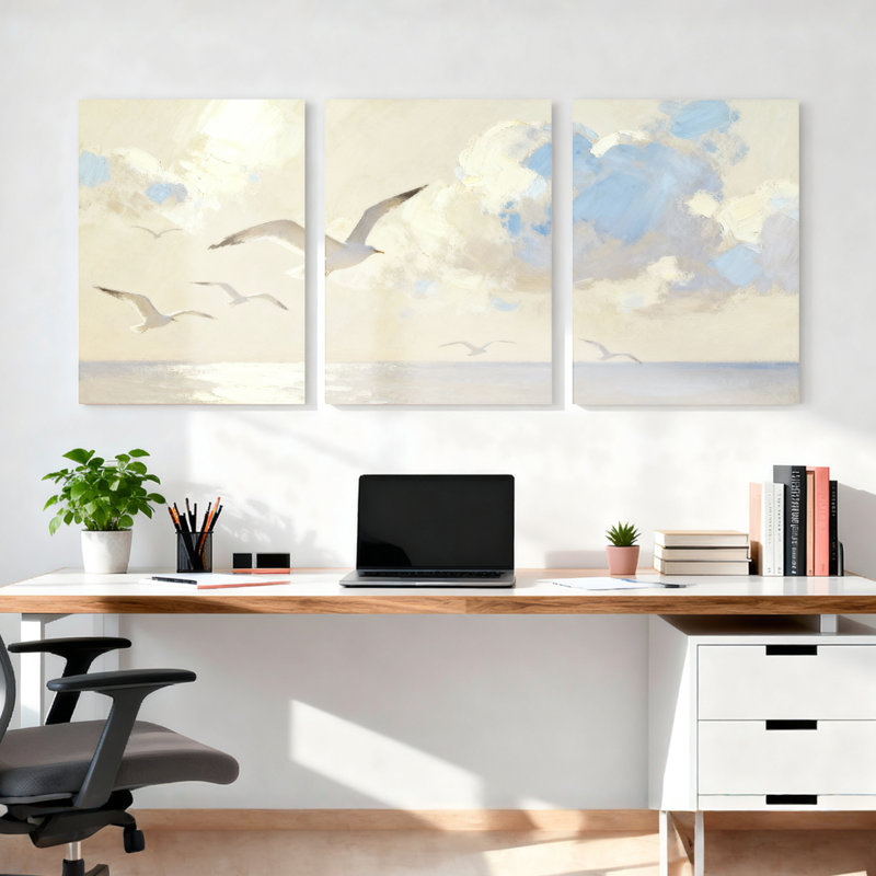 Mouettes volant au-dessus de l'océan ciel, ensemble de 3 reproductions d'art sur toile tendues, H 30 po x l 60 po