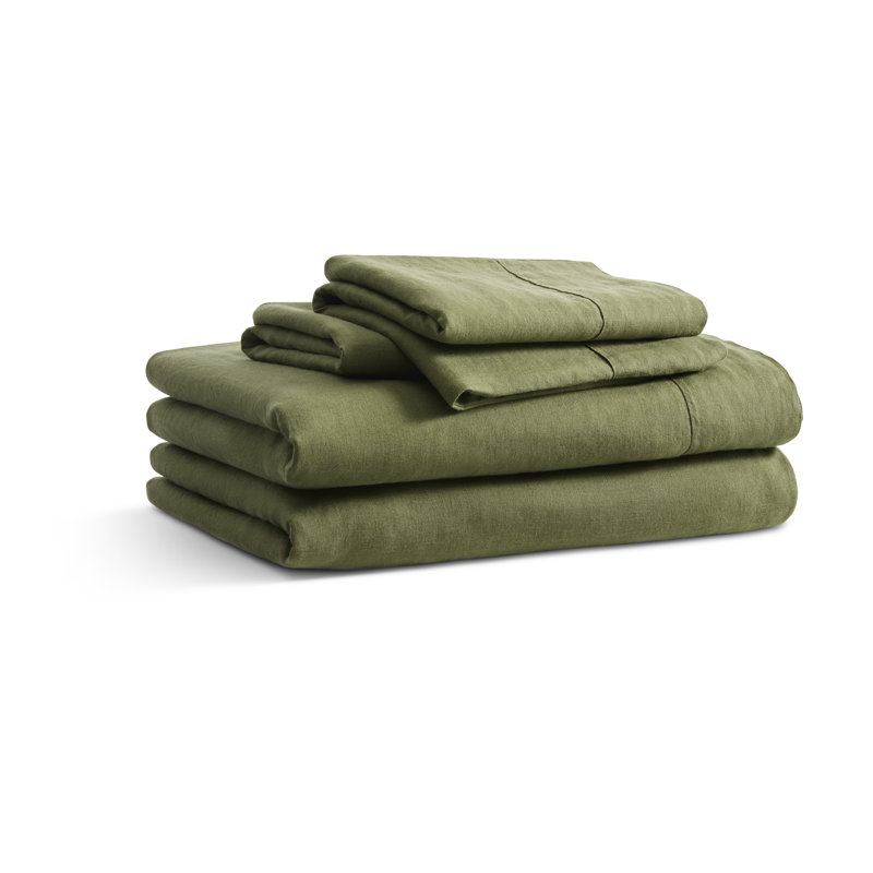 Ensemble de draps en lin délavé à la pierre, Vert Loden, Ensemble de draps lit simple + 1 taie d'oreiller