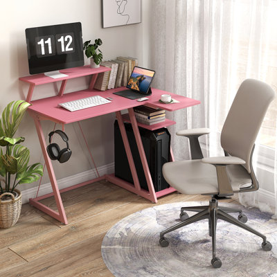 Computer Desk w/ Built-in Charge Station Metal Frame Gaming Desk w/ Monitor Shelf Writing Desk