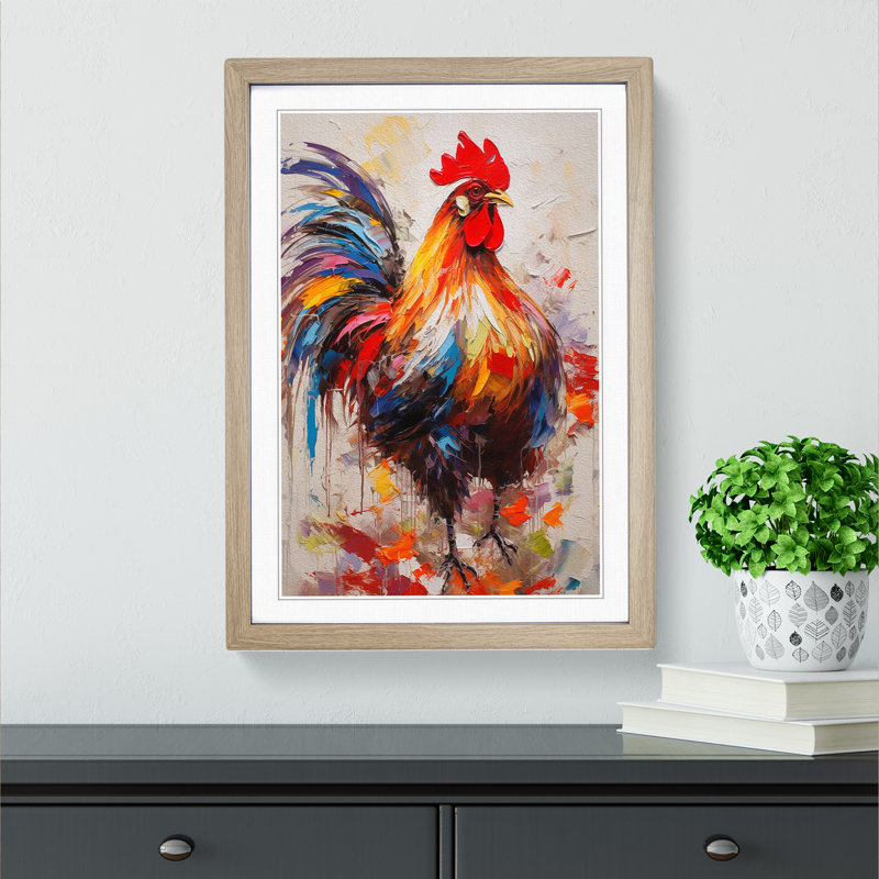 Rooster Gestural - Single Picture Frame Print on Wood, 64cm H x 46cm W x 2cm D, Oak