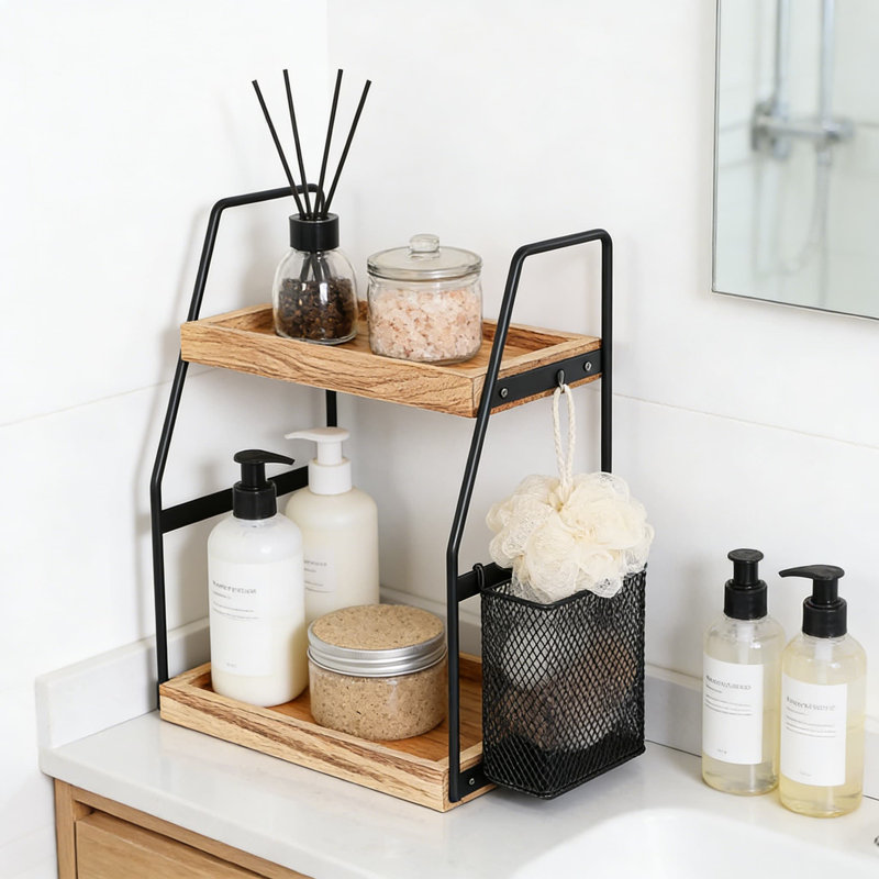 Organisateur de comptoir de salle de bain à 2 niveaux avec panier de rangement, tablette de meuble-lavabo en bois pour les soins de la peau et le maquillage, organisateur de comptoir peu encombrant