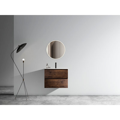 Meuble-lavabo en noyer avec lavabo en céramique de 61 cm (24 po) - Élégant, spacieux et silencieux, avec plusieurs tiroirs chics.