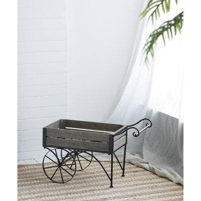 Support rustique pour chariot avec roues et sections en bois de pin, 24,4 po x 12,6 po x 15,4 po, 9,9 lb, poignée courbée à deux pattes arrières brun antique