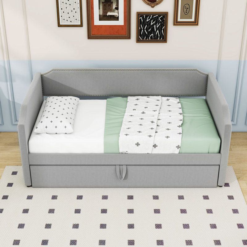 Twin Upholstered Daybed with Pop Up Trundle, Gray