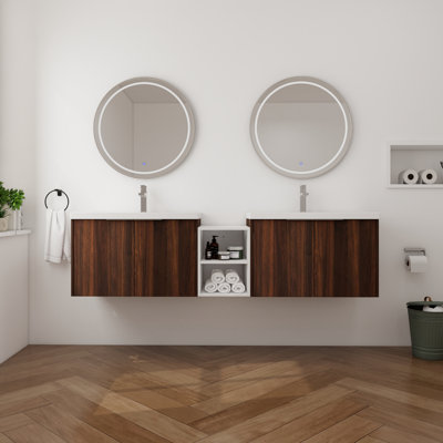 Meuble-lavabo double 72 po avec plateau en résine Huntsinger, meuble-lavabo mural avec 4 portes et 1 tablette réglable