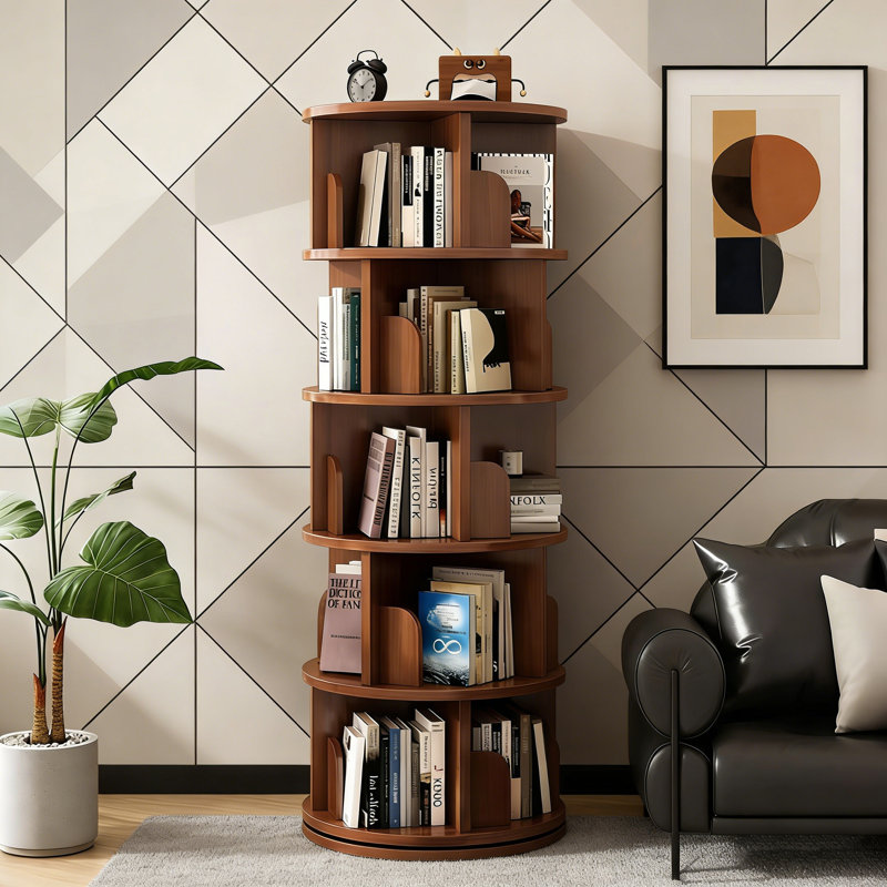 Bibliothèque rotative à 5 niveaux, 360 °, Noyer
