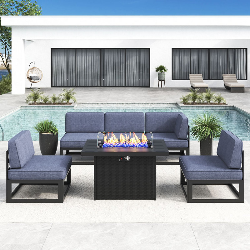 Ensemble modulaire d'extérieur 6 pièces avec table de feu, Bleu marine