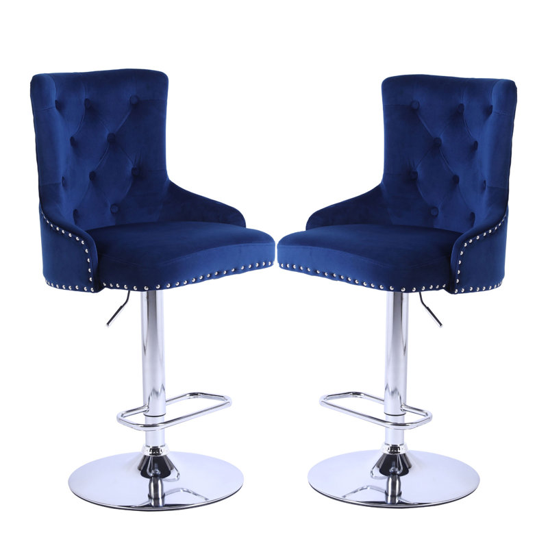 Avryn Velvet Adjustable Swivel Bar Stool, Dark Blue, 2