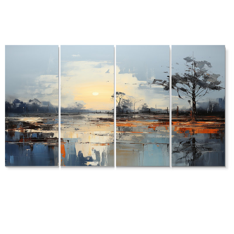 «Blue Sunset In The Silent Meadow», art mural abstrait sur toile, 4 pièces, H 28 po x l 48 po