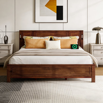 King Size Bed with Tall-Panel Headboard & Footboard, Built-in LED Lights, USB Charging Station, Pinewood Bed with Strengthened Bed Frame ,Walnut