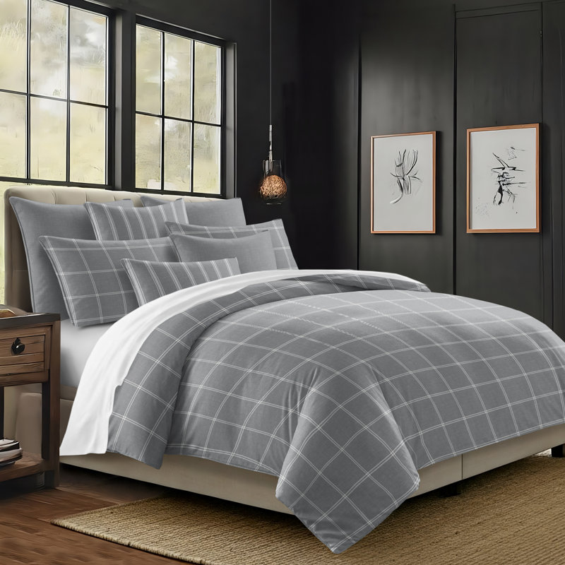 Shay Window Pane Gray Cotton Duvet Cover Set  8 Piece, Twin Duvet Cover + 7 Additional Pieces
