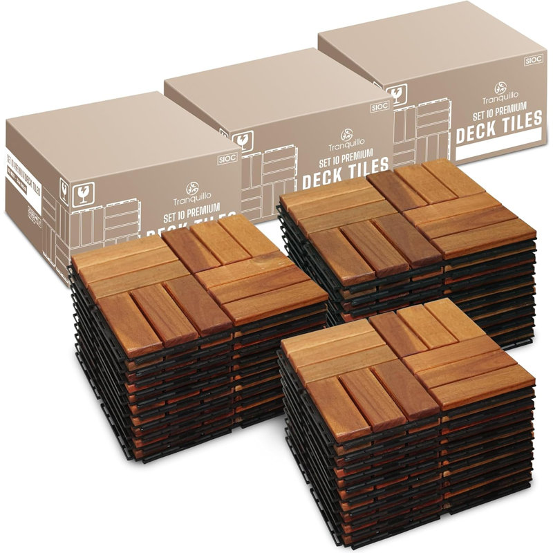 Carreaux de terrasse imbriqués en bois d'acacia Tranquillo - paquet de 30 | Revêtement de sol intérieur et extérieur antidérapant et antidérapant facile à installer