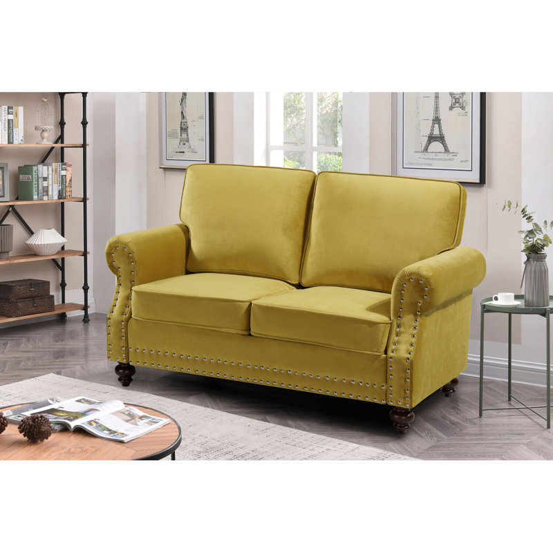 Hananiah Velvet Sofa, Green Yellow, 37.4" H x 61.42" W x 33.9" D