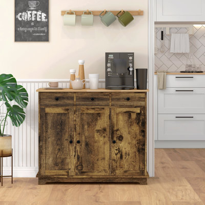 Buffet avec comptoir en bois massif, armoire de rangement de cuisine moderne, armoire à café avec 3 tiroirs, portes et tablette réglable, brun rustique