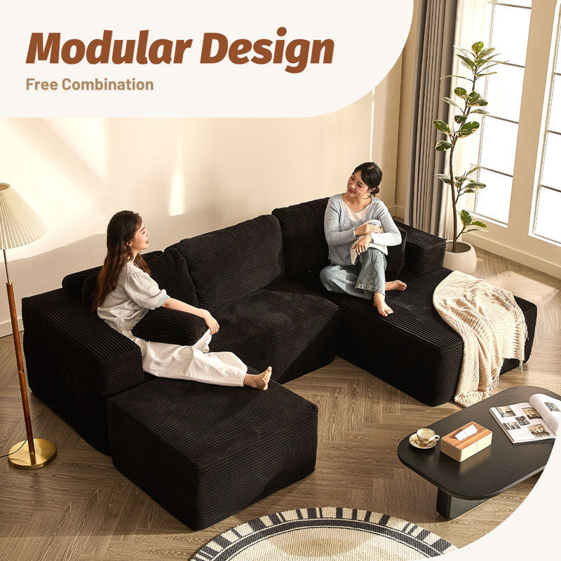 Corduroy Sofa, BLack, 272cm U-Shaped Right Chaise