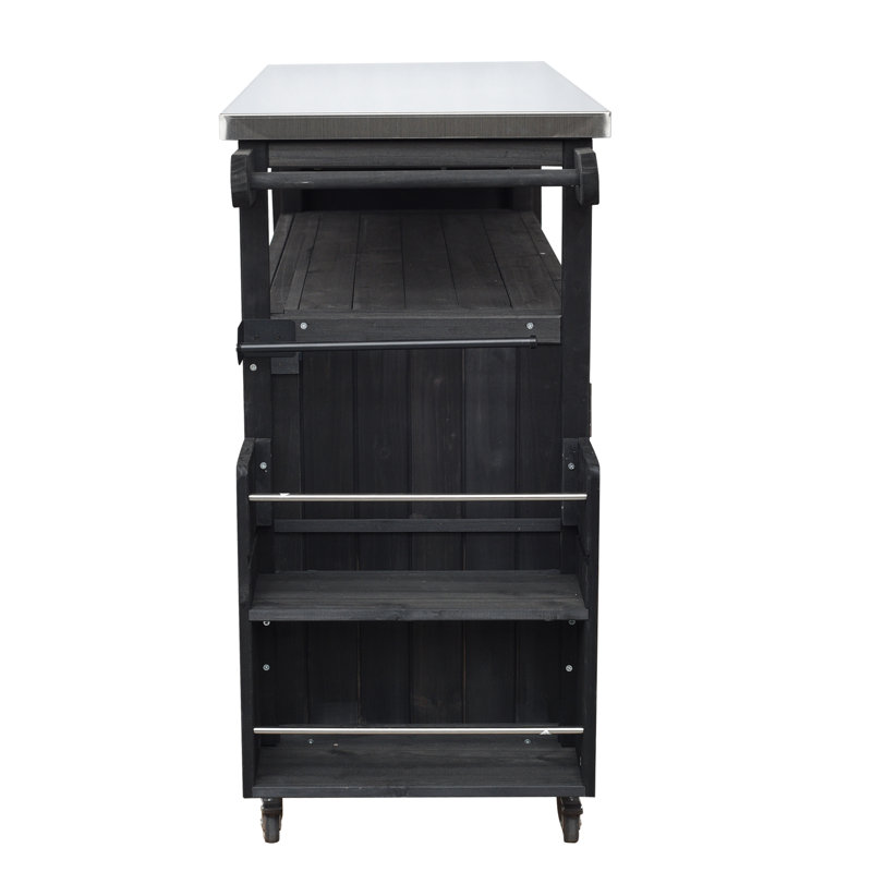 Rustic Foldable Outdoor Kitchen Island With Stainless Steel Top And Fir Wood Frame, Black