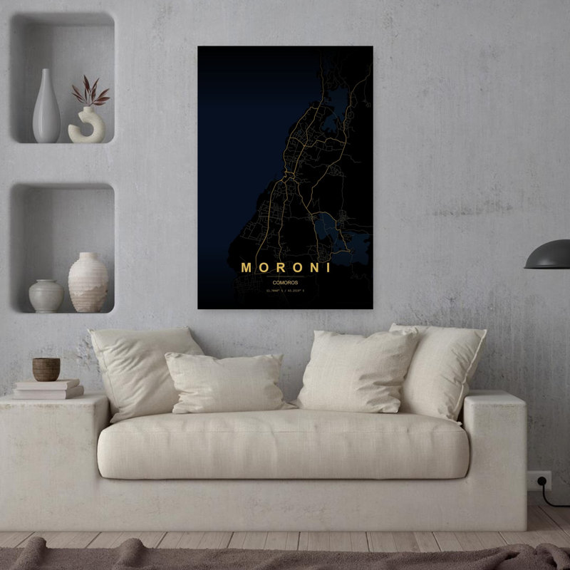 Moroni Night Map Abstract Minimalist Modern City Coastal Wall Art Print 1 Piece Wrapped Canvas Wall Art