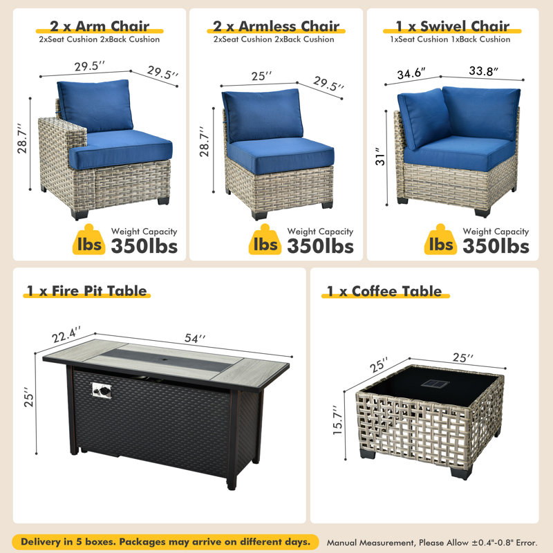 5-person  Outdoor Sectional With Cushions,led Coffee Table And Fire Pit,all-weather Wicker Patio Set, Navy