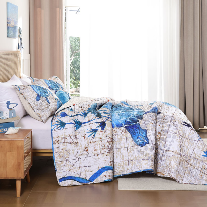 Coastal Quilt Set 3 Pieces - Bedding Lightweight Ocean Print Quilt With Two Pillowcases, Queen Quilt + 2 Standard Pillowcases
